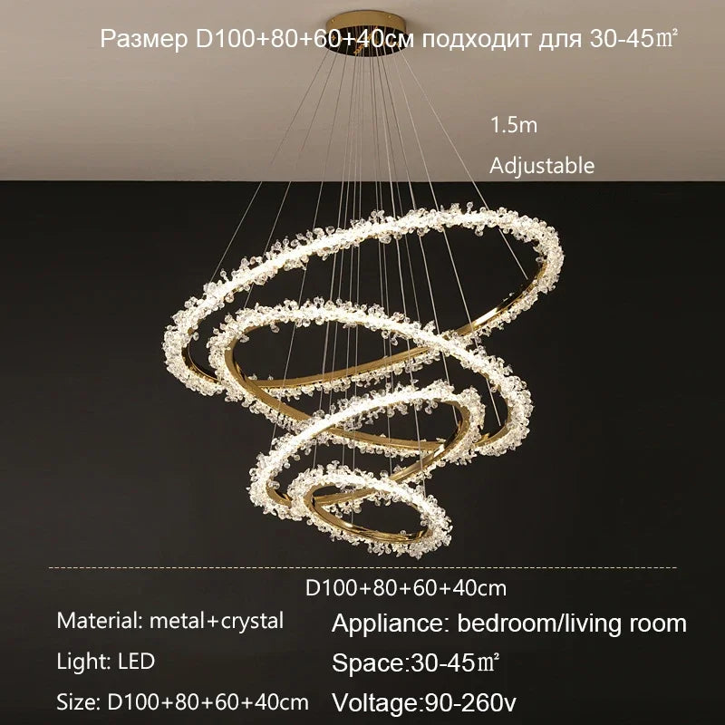 lustre moderne de luxe en cristal éclairage led annulaire variable