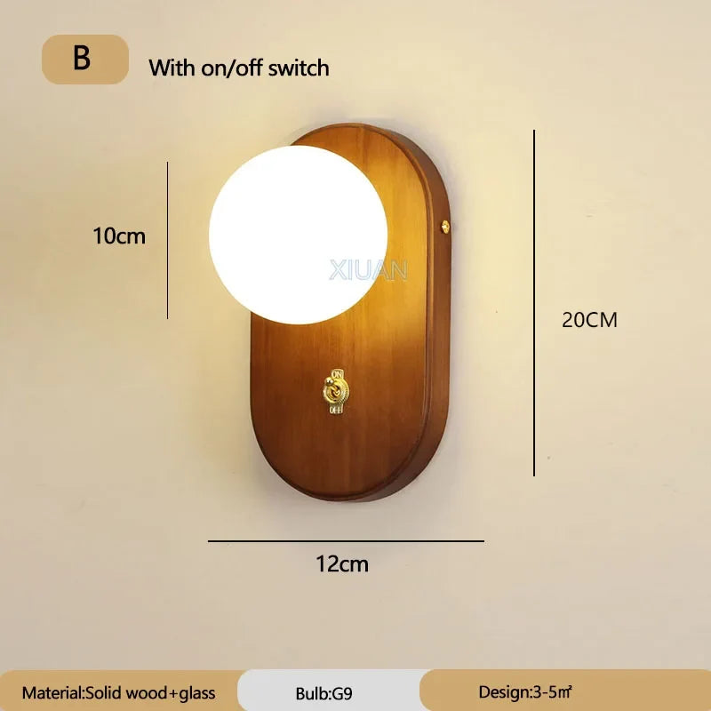 applique murale wabi-sabi rétro en bois massif avec interrupteur
