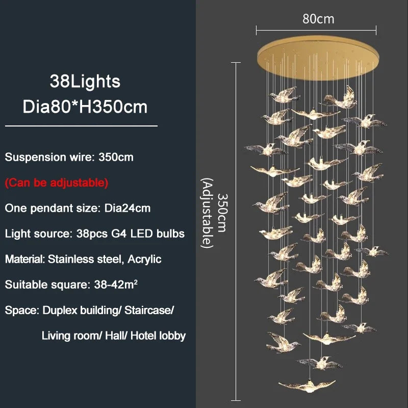YOULAIKE oiseau design led lustre pour escalier de luxe salon suspendu luminaire couloir longue spirale acrylique lampes