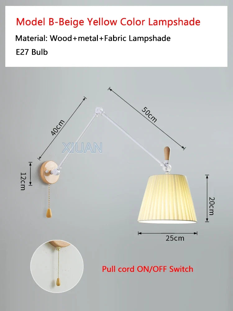 Nordic Shiftable Rocker Arm Wall Lamps Fabric Lampshade Dining Table Wall Light for Bedside Study Reading Lighting ON/OFF Switch