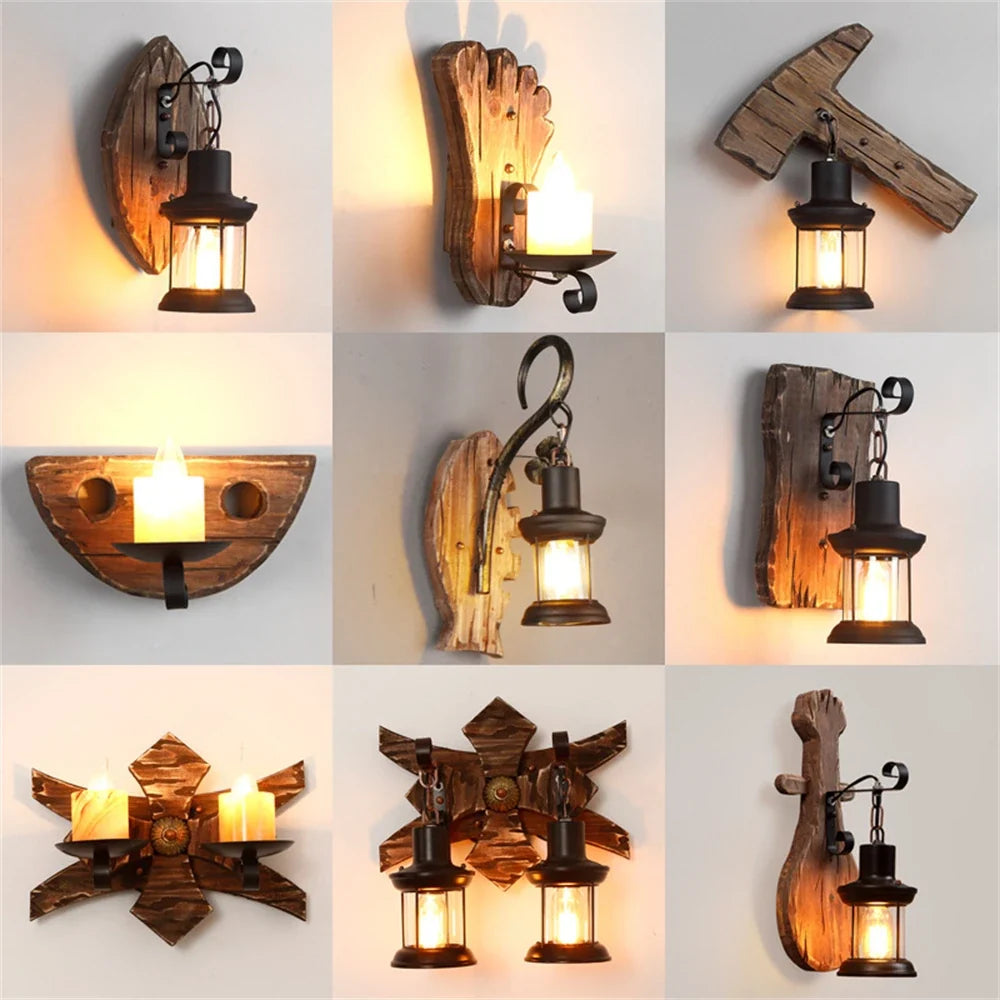 applique murale industrielle vintage en bois avec abat-jour en métal et verre