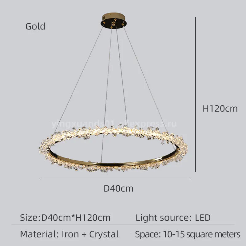 lustre en cristal de luxe avec anneau doré lumineux et élégant