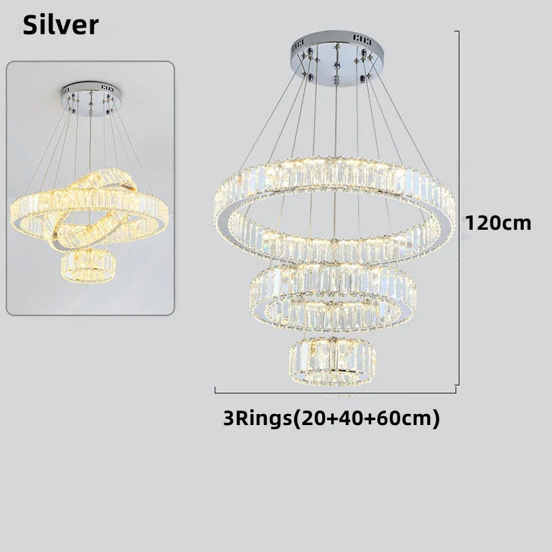 lustre moderne en cristal avec anneaux réglables pour décoration intérieure