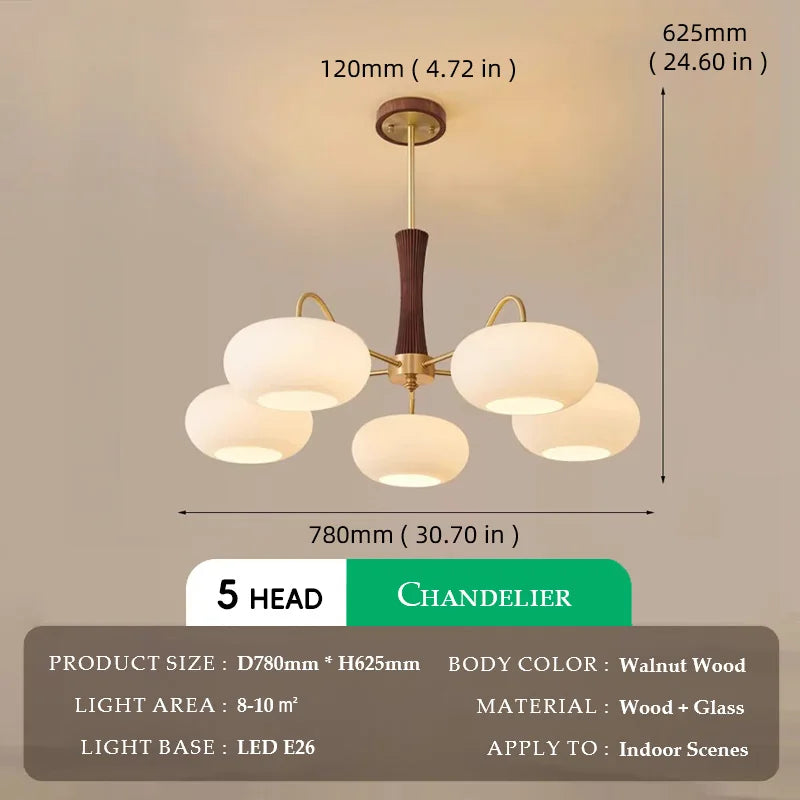 Walnut Wood Glass Brass, Wabi-sabi Modern Vintage style, chandelier lights for Living room, Bedroom, dining room, study