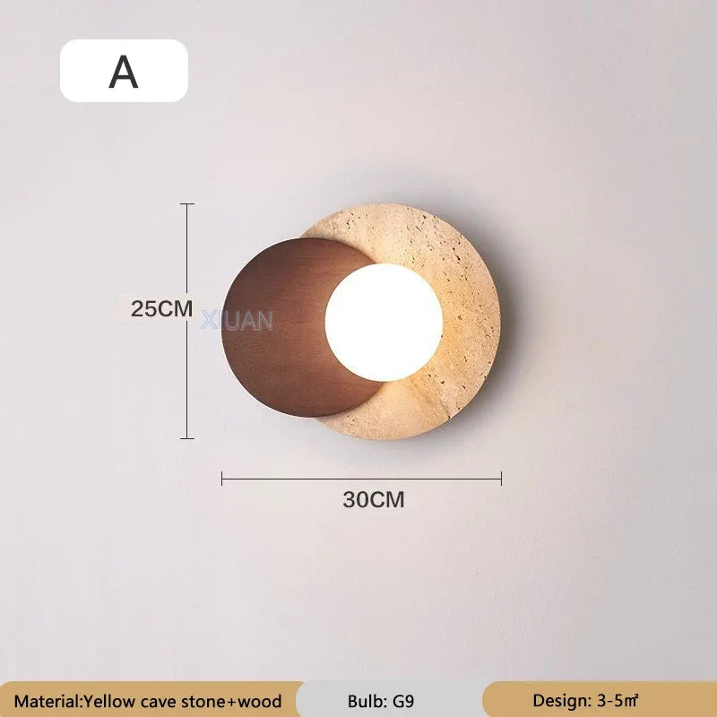 Japanese style Wabi-sabi Round Wall Lamps for Living Room Bedside Aisle Stair Entrance Decor Yellow Cave Stone Solid Wood Light