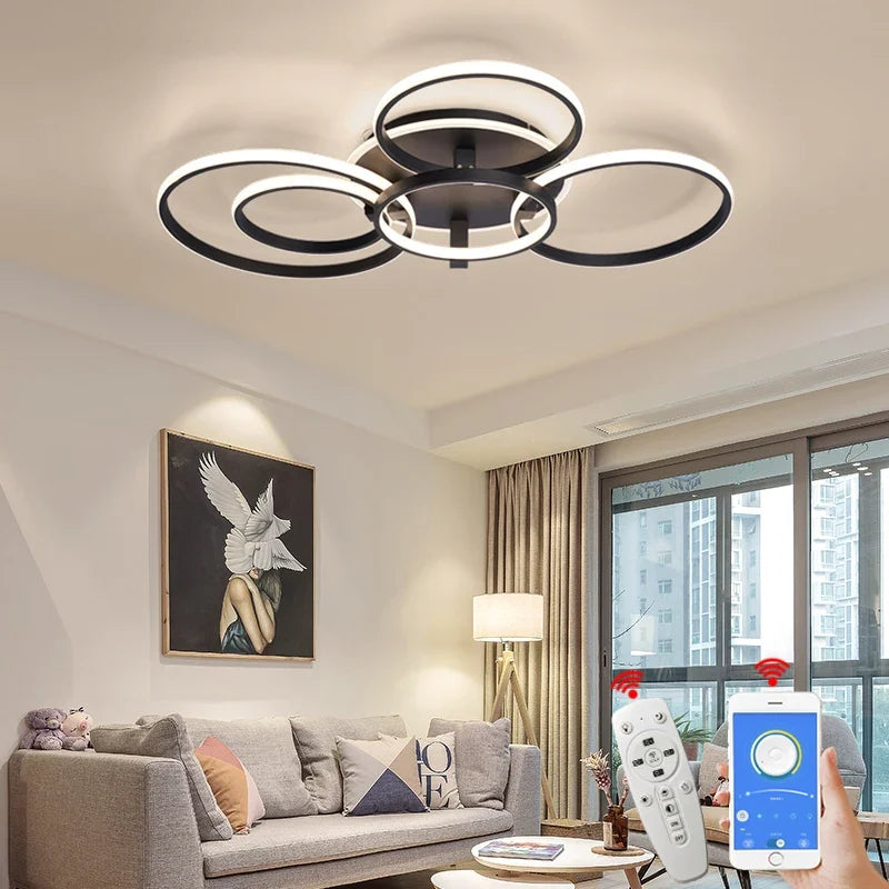 Lustre Led moderne anneau Led plafonniers salon chambre lumières plafond noir/blanc 1-5 anneau d'éclairage APP/lustre à distance
