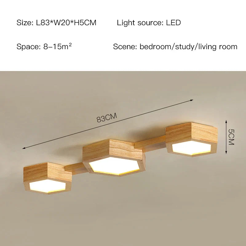 plafonnier en bois design moderne hexagonal avec éclairage LED