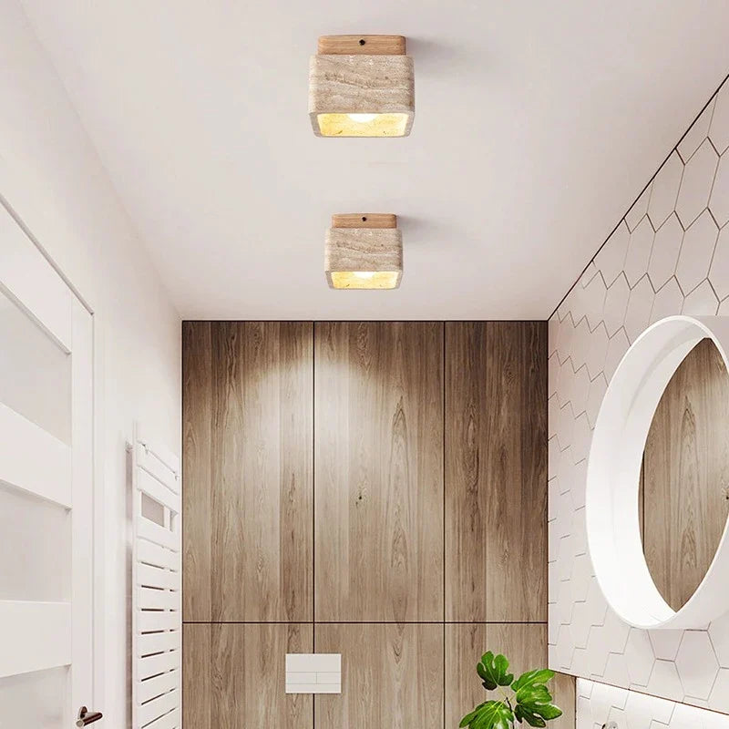 Plafonnier Led nordique moderne Downlight carré pierre bois crème Style Surface monté vers le bas lumière pour porche balcon couloir