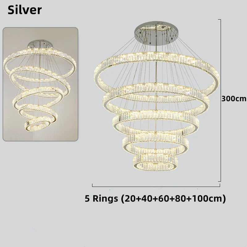 lustre moderne en cristal avec anneaux réglables pour décoration intérieure