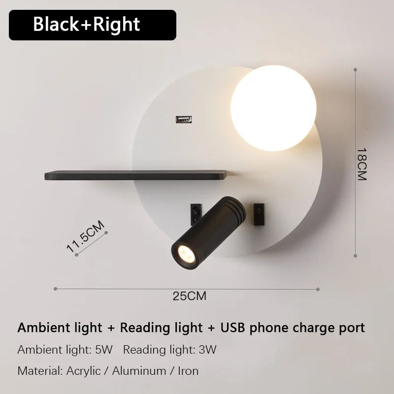 applique murale led avec chargement usb pour téléphone portable