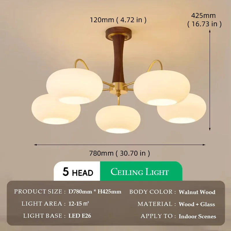 Walnut Wood Glass Brass, Wabi-sabi Modern Vintage style, chandelier lights for Living room, Bedroom, dining room, study