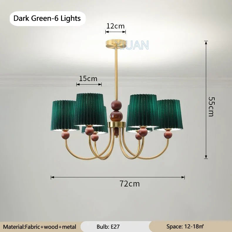 lustre led vintage américain en tissu plissé et bois wabi-sabi
