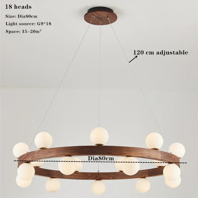 lustre rond en noyer avec ampoules en verre led moderne