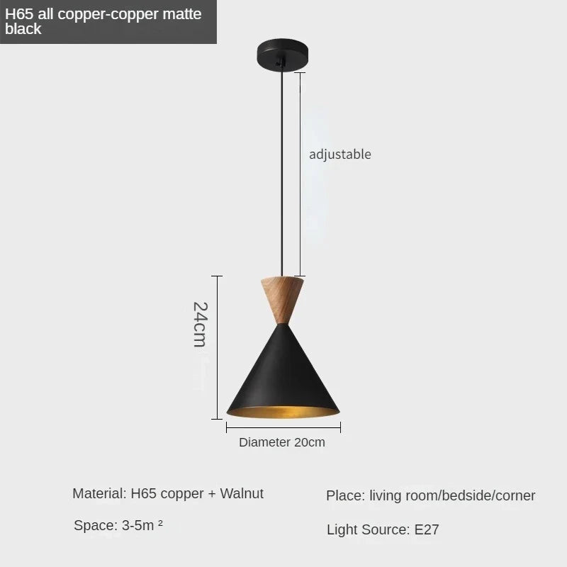Modern and Minimalist Master Bedroom Bedside Pendant Light, Personalized and Luxurious All Copper Walnut Bar Hanging Line Light