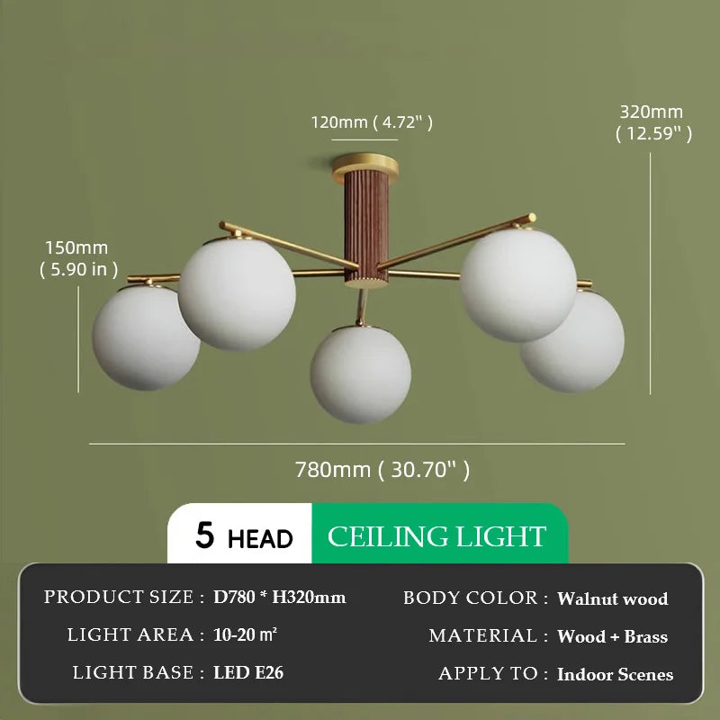 Walnut Wood Brass Round Glass, Wabi-sabi Modern Simple style, Chandelier light for Living room, Bedroom, Dining room, Study
