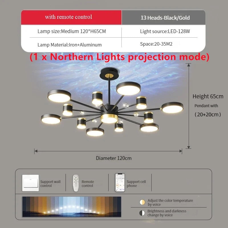 lustre led d'aurores boréales en cristal luxueux suspendu au plafond