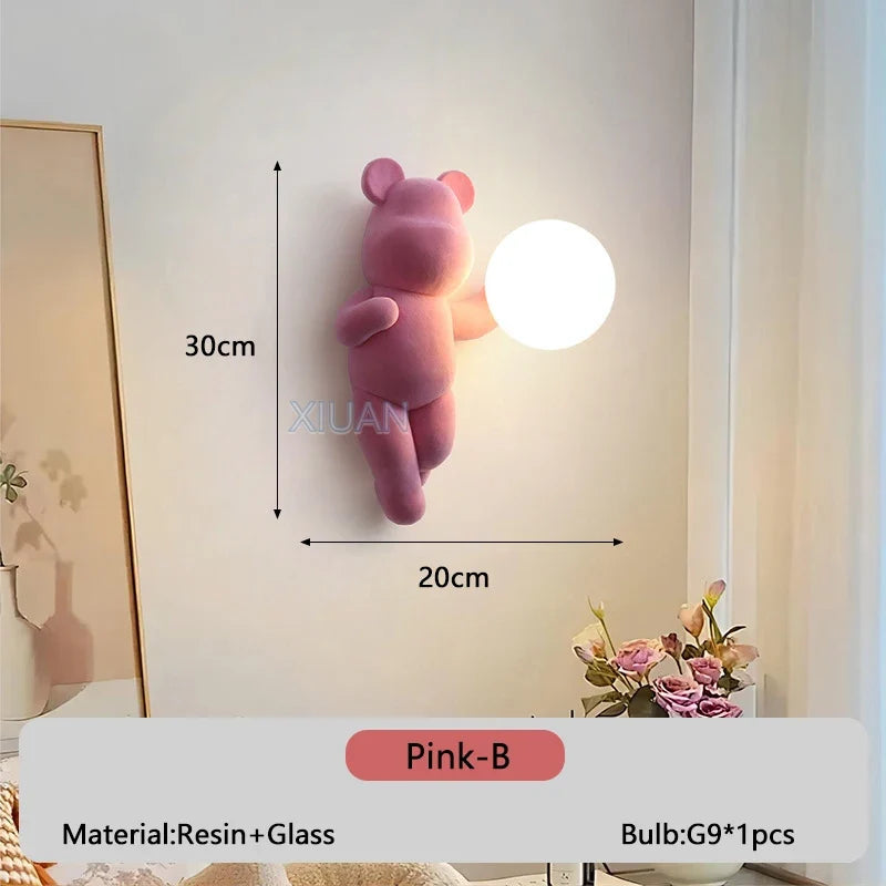 Chrome White Pink Bear Lights Art Design Bedroom Bedside Wall Lamps Resin Animal Glass Sconces Living Room Decorative Wall Light