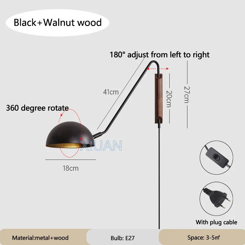 Nordic Bedroom Bedside Wall Lamps Plug In Wall Sconce Black White Iron Lampshade Swing Long Arms Wall Mounted Light E27
