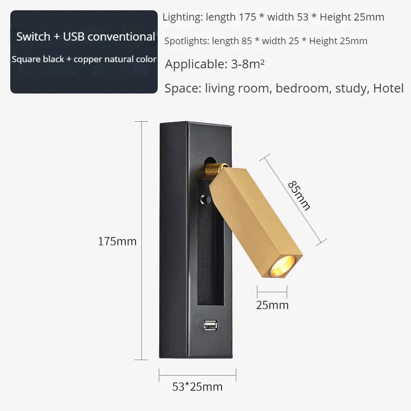 applique murale moderne avec chargeur usb et projecteur rotatif led
