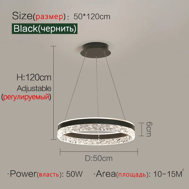 plafonnier led suspendu design minimaliste avec anneaux en cristal