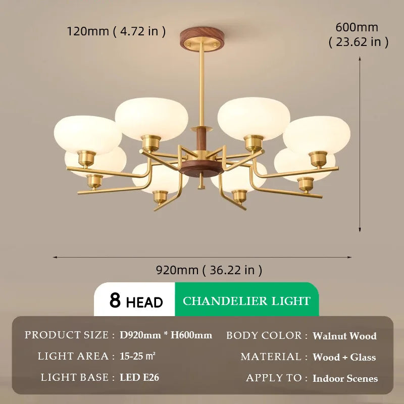 Walnut Wood Glass Brass, Wabi-sabi Modern Vintage style, chandelier lights for Living room, Bedroom, dining room, study