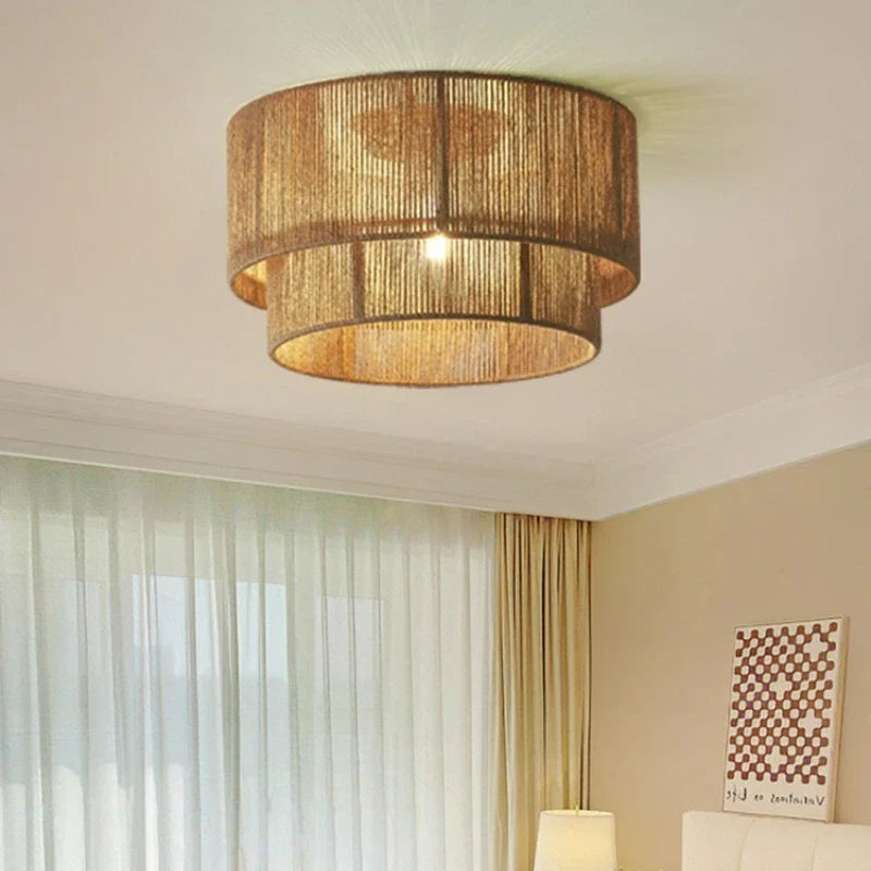 lustre rétro en rotin tissé pour décoration campagnarde chaleureuse