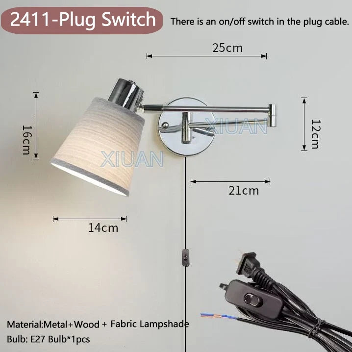 applique murale moderne bras pivotant led en tissu plissé métal