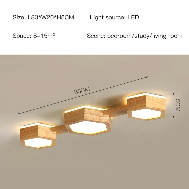 plafonnier en bois design moderne hexagonal avec éclairage LED