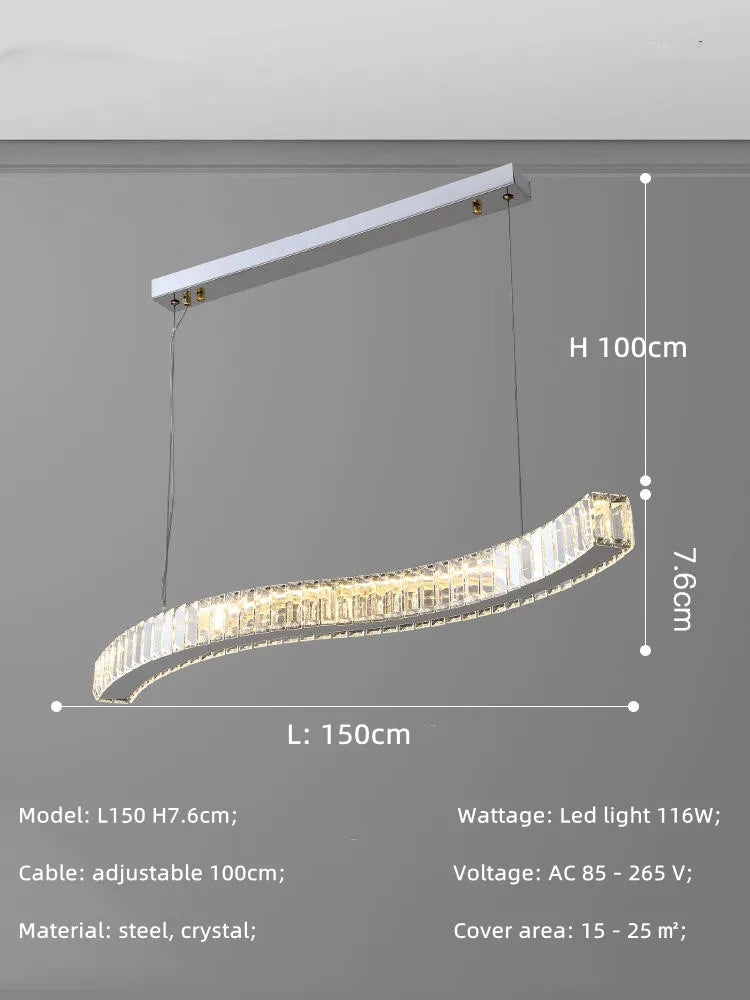 lustre moderne en acier avec cristaux et lumières led suspendues