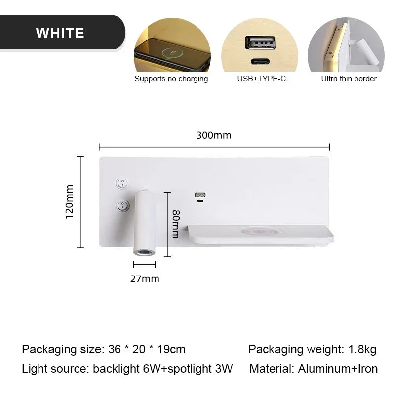 applique murale usb led sans fil luxe multi-fonction avec interrupteur