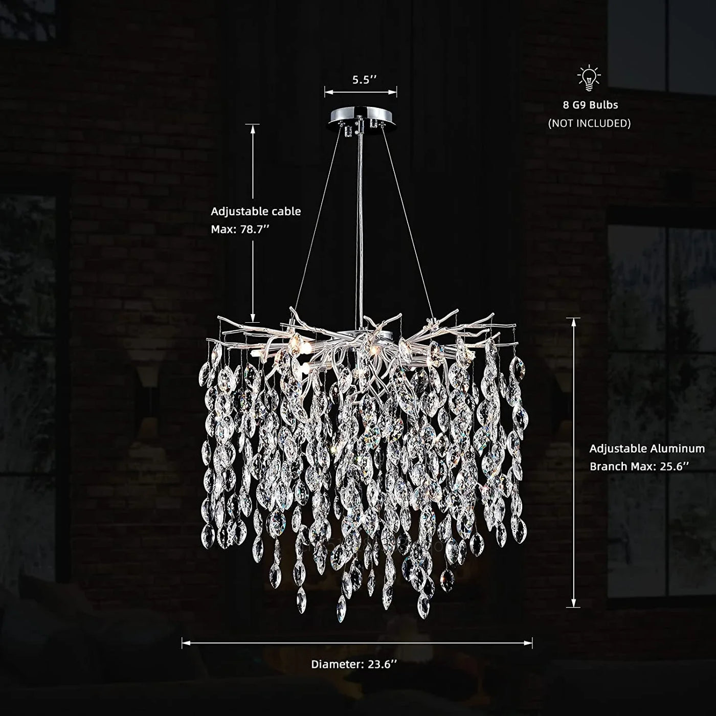 lustre en cristal de luxe avec branches led pour intérieur moderne