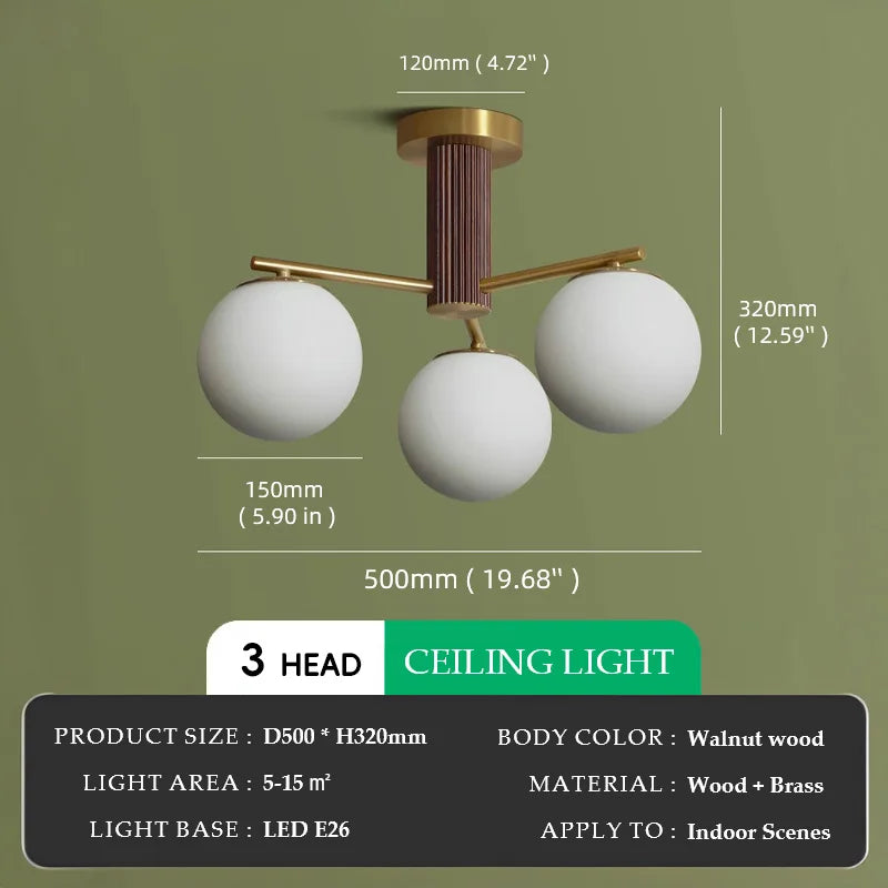 Walnut Wood Brass Round Glass, Wabi-sabi Modern Simple style, Chandelier light for Living room, Bedroom, Dining room, Study