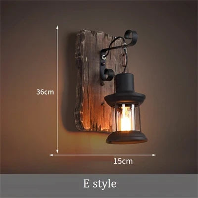 applique murale industrielle vintage en bois avec abat-jour en métal et verre