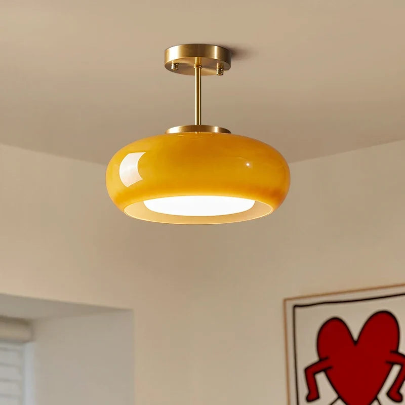 IWHD nordique plafond moderne à LEDs lampe maison éclairage intérieur chambre salon salle à manger cuivre jaune verre abat-jour lampara