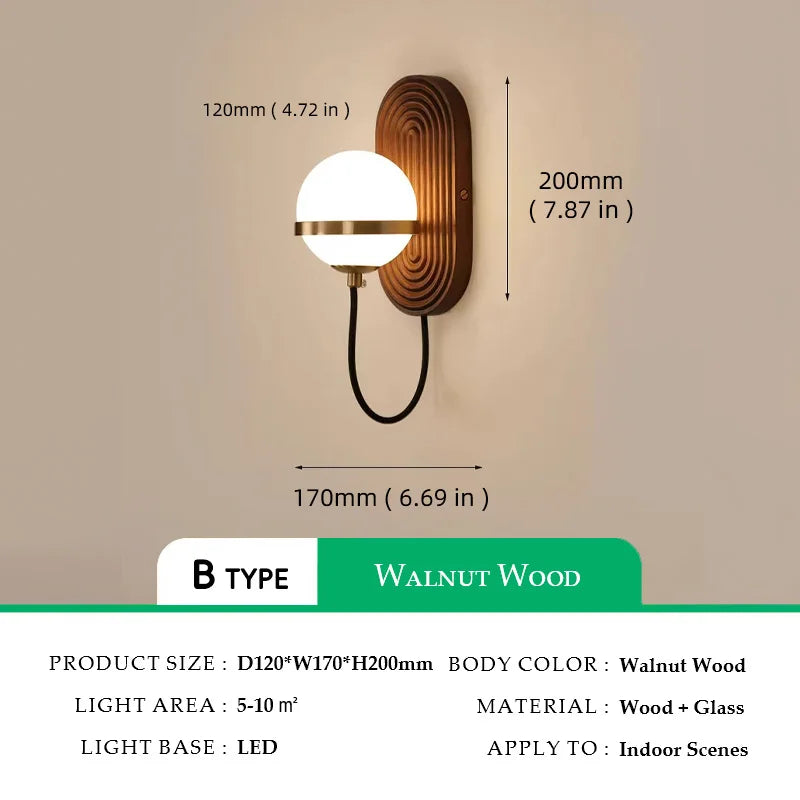 Walnut Wood Circular Sphere, Wabi-sabi minimalist Modern style, Wall Sconce light for Bedroom, Bedside, Living, Dining Room