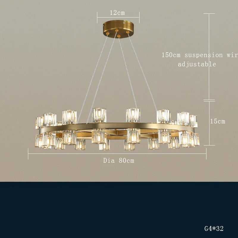 lustre moderne en cuivre led avec cristaux pour hôtel et foyer