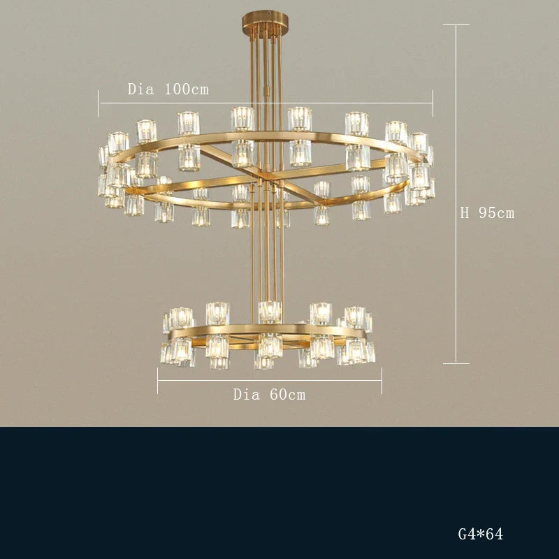 lustre moderne en cuivre led avec cristaux pour hôtel et foyer