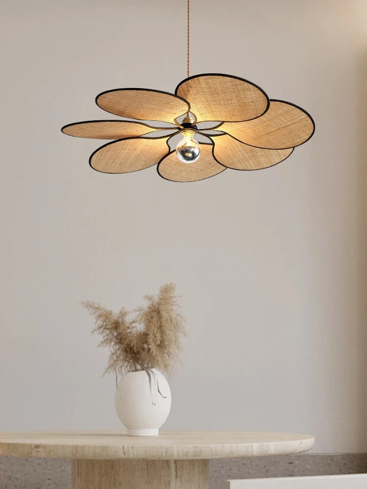 lustre à LED tissé en paille de fleur japonaise pour décoration intérieure