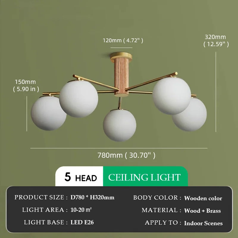 Walnut Wood Brass Round Glass, Wabi-sabi Modern Simple style, Chandelier light for Living room, Bedroom, Dining room, Study