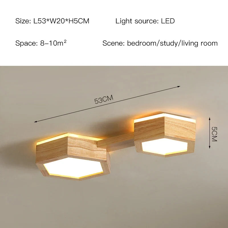 plafonnier en bois design moderne hexagonal avec éclairage LED