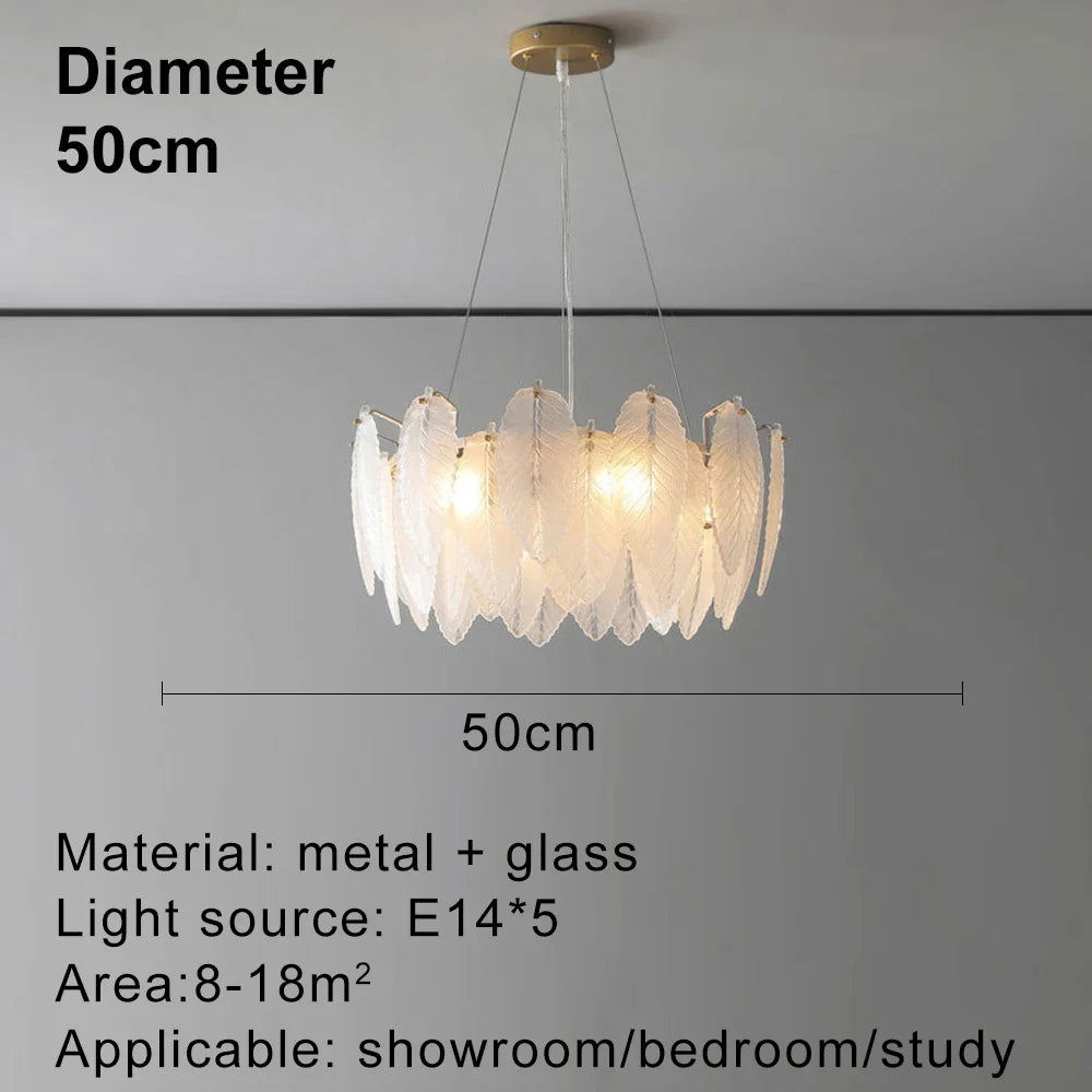 lustre moderne en verre avec plumes et lumière LED