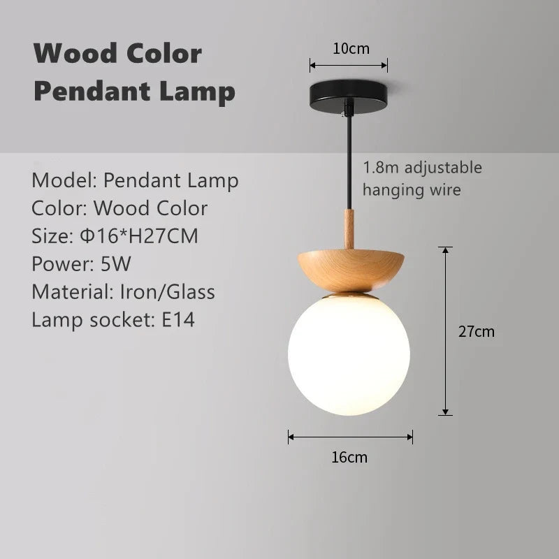 plafonnier led noyer nordique grain de bois boule ronde abat-jour en verre