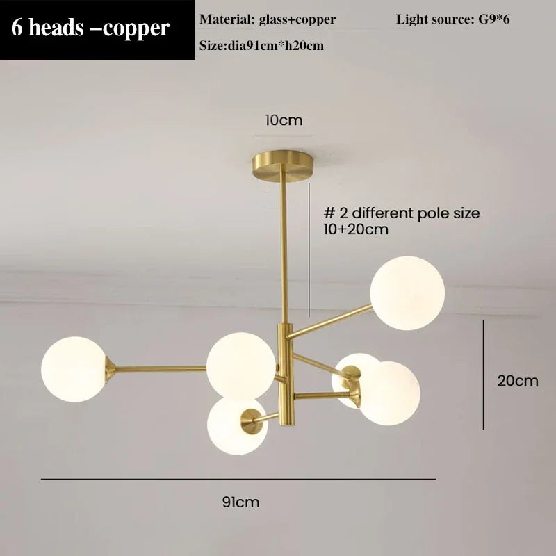 lustre led moderne en cuivre avec boule de verre mat