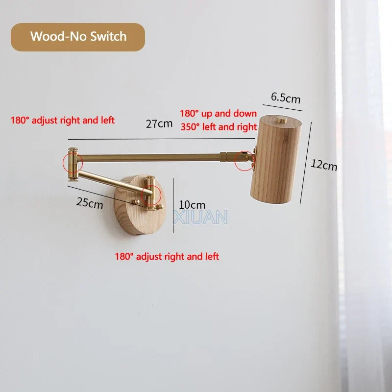 applique murale wabi-sabi à bras long pivotant avec interrupteur