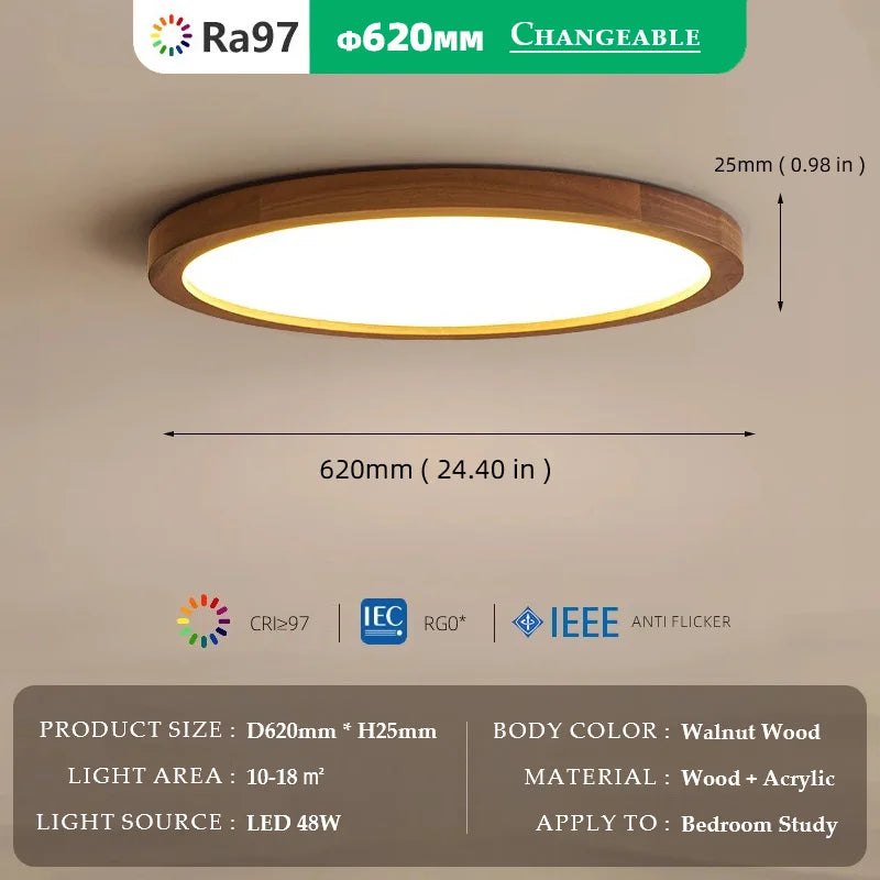 Walnut wood RA≥97, Modern Minimalism Wabi-sabi, Ultra thin eye protection Ceiling light for Living room, Bedroom, Study, Master