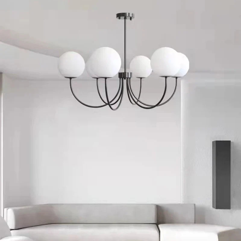 lustre moderne en verre avec luminaire suspendu et structure métallique
