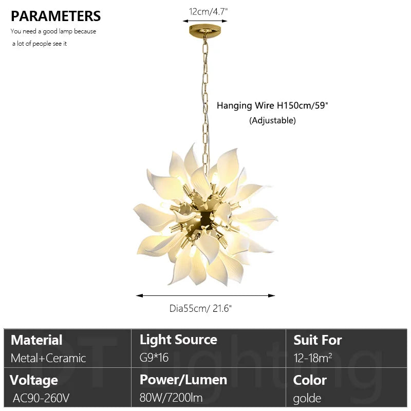 lustre carré en céramique avec pétales de fleurs suspendu