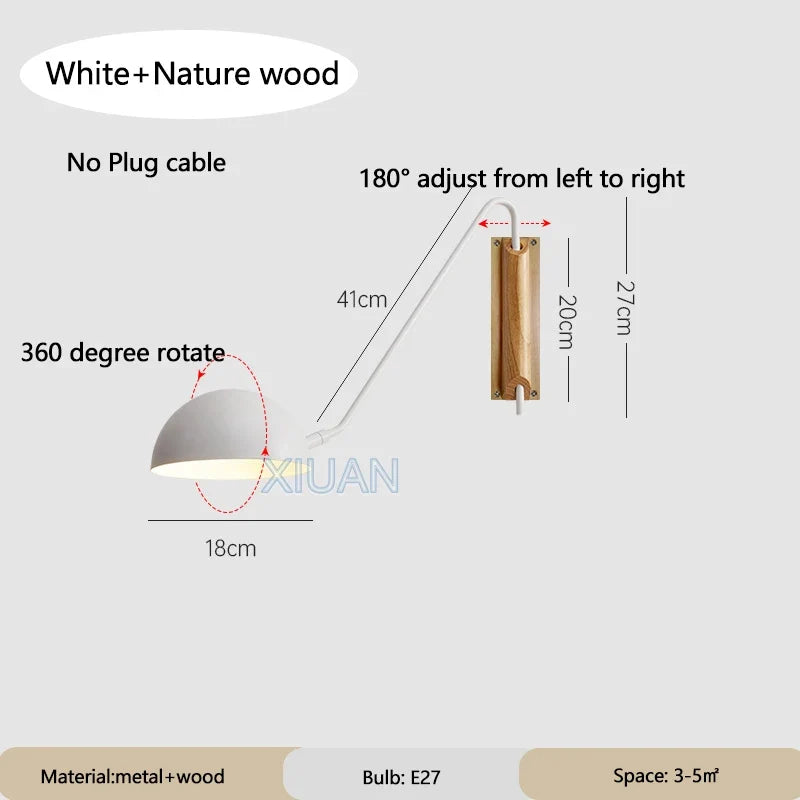 Nordic Bedroom Bedside Wall Lamps Plug In Wall Sconce Black White Iron Lampshade Swing Long Arms Wall Mounted Light E27