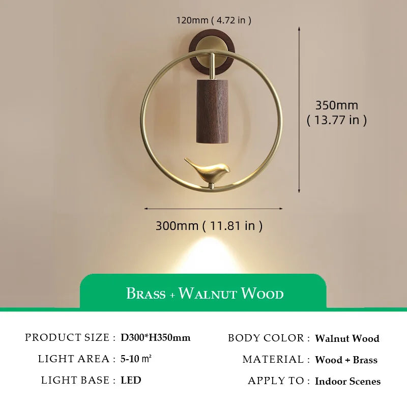 Walnut Wood Circle Brass bird, Wabi-sabi Modern style, Wall Sconce light for Bedroom, Bedside, Living, Recreation, Study