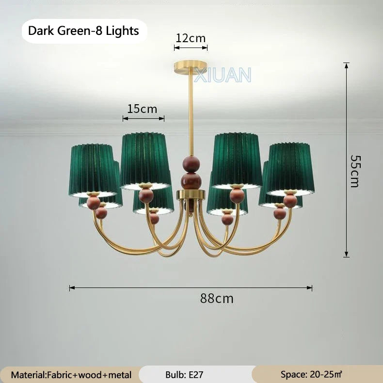 lustre led vintage américain en tissu plissé et bois wabi-sabi
